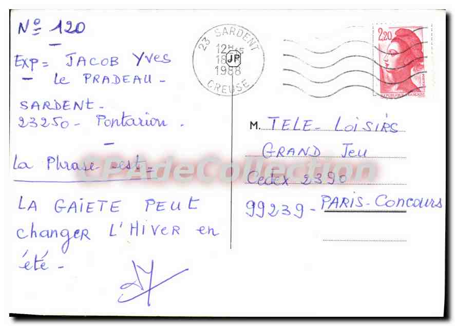 Camping de Sardent — scène de campement avec vache et tentes — éditeur CPADeCollection — Verso