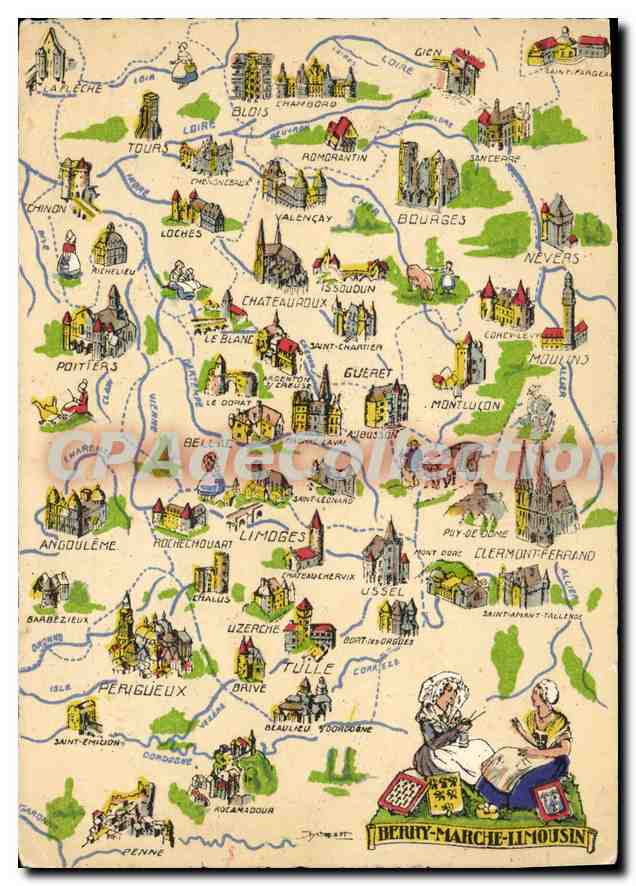 Carte postale illustrée — Carte de la région Berry-Marche-Limousin — Imprimée en France - 1942