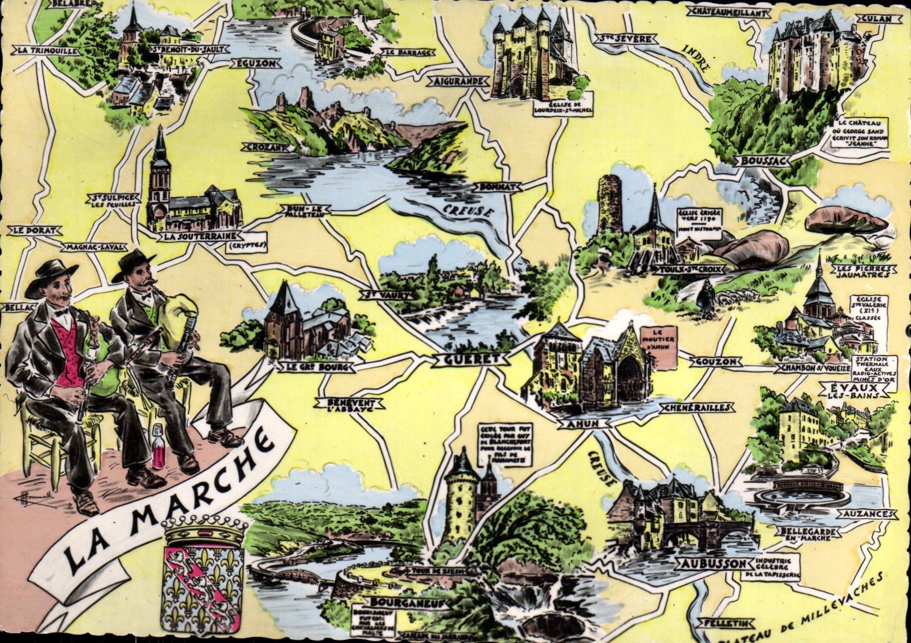 La Marche — Carte postale illustrée avec carte touristique et musiciens — Éditions Gaby, Nantes