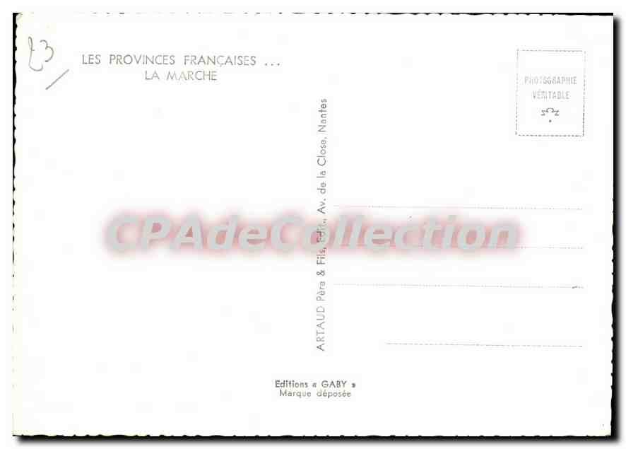 La Marche — Carte postale illustrée avec carte touristique et musiciens — Éditions Gaby, Nantes — Rückseite