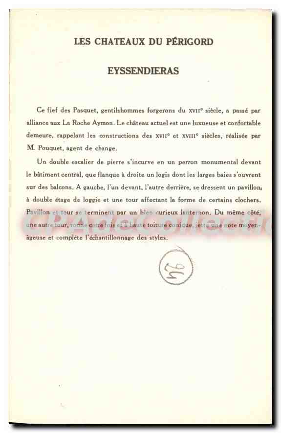 Die Schlösser des Périgord — Eyssendieras — Sammlung der Solution Rautnuberge, 10. Serie — Rückseite