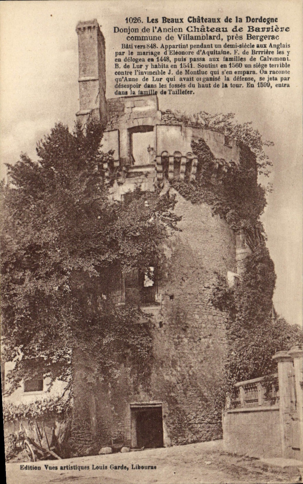 Turm des alten Schlosses Barrière — Villamblard, nahe Bergerac — Edition Artist Views Louis Garde, Lièvres
