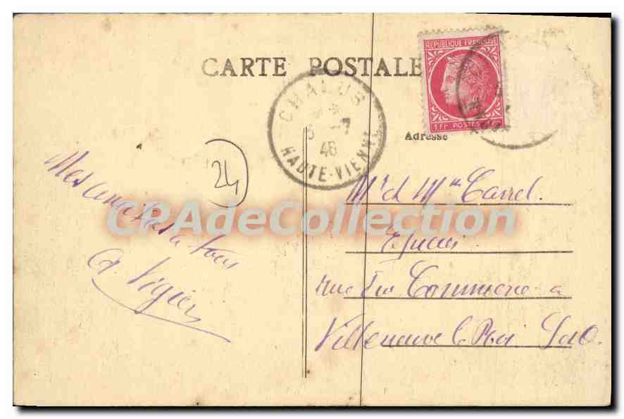 Château de Lambertie (Dordogne) — vue du château avec deux cavaliers — CPAdeCollection, n°18 — Verso