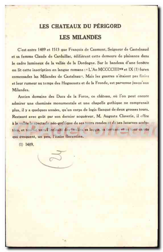 Les Châteaux du Périgord — Les Milandes — Collection de la Solution Pautauberce, 9e série — Verso