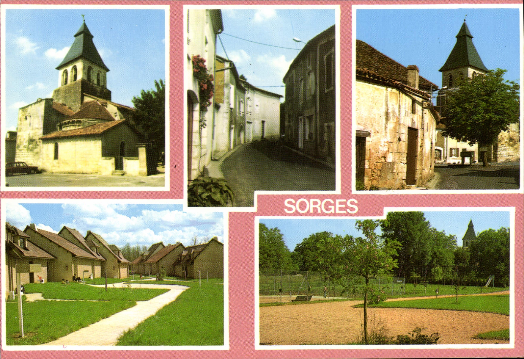 Sorges — Dordogne — romanische Kirche, Hauptstraße, Spielplatz — Éditions René Dordogne