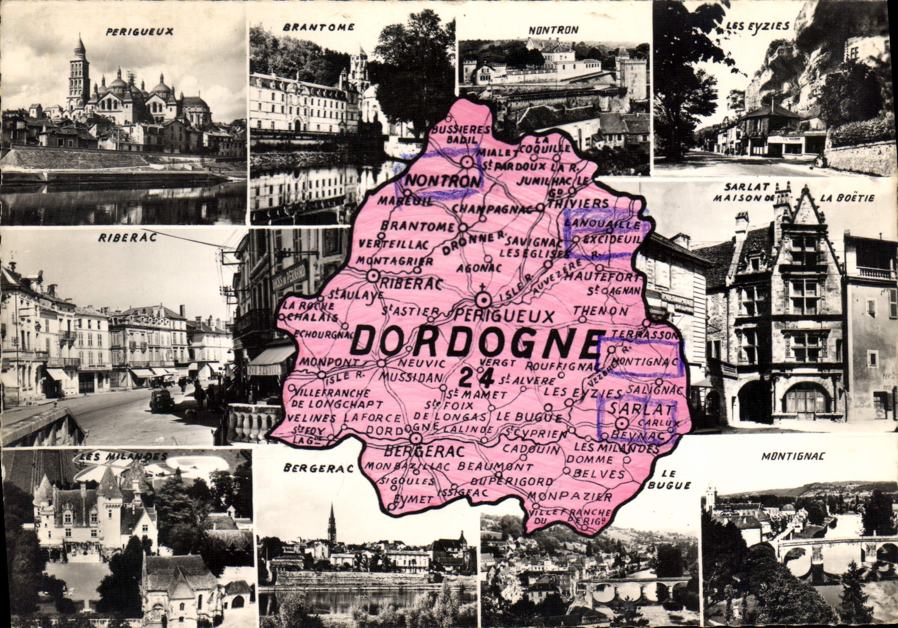 Dordogne — Carte postale panoramique avec carte du département