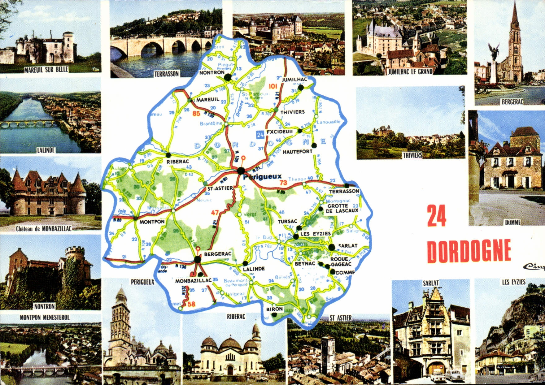 Dordogne — Carte touristique avec vue de sites et carte routière — CIMCOLOR
