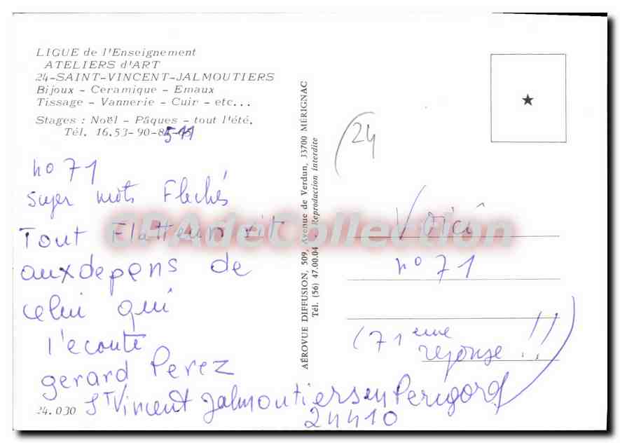 Kunstwerkstatt in Saint-Vincent-Jalmoutiers — Liga für Bildung — Verlag Aérouve Diffusion — Rückseite