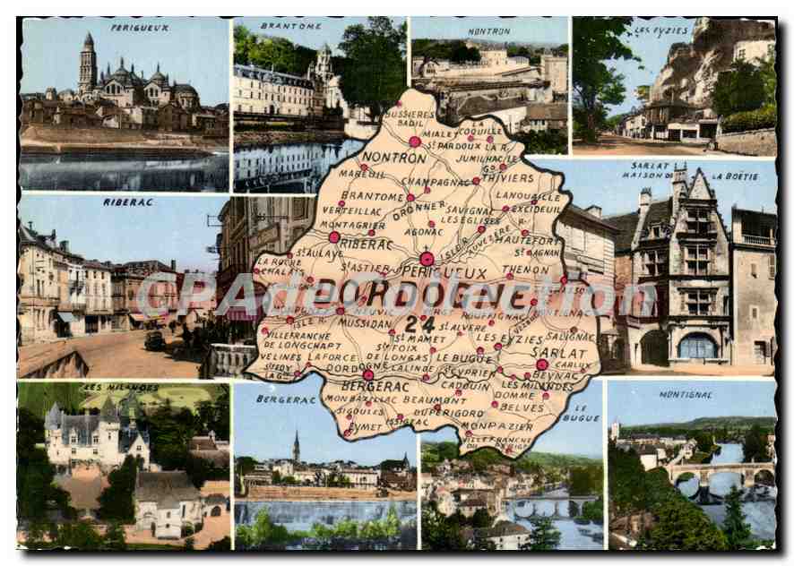 Dordogne — Carte postale panoramique avec carte et vues de communes — Cie des Arts Photographiques, 44, rue Létallier, Paris