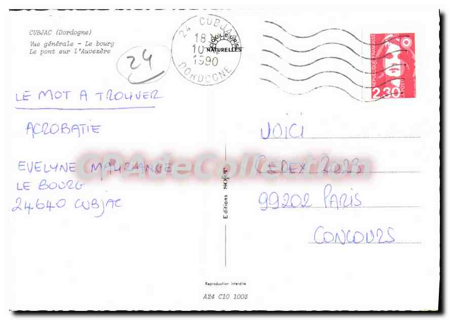 CPSM Cubjac Vue Generale Le Bourg Le Pont Vur I'Auvezers — Verso