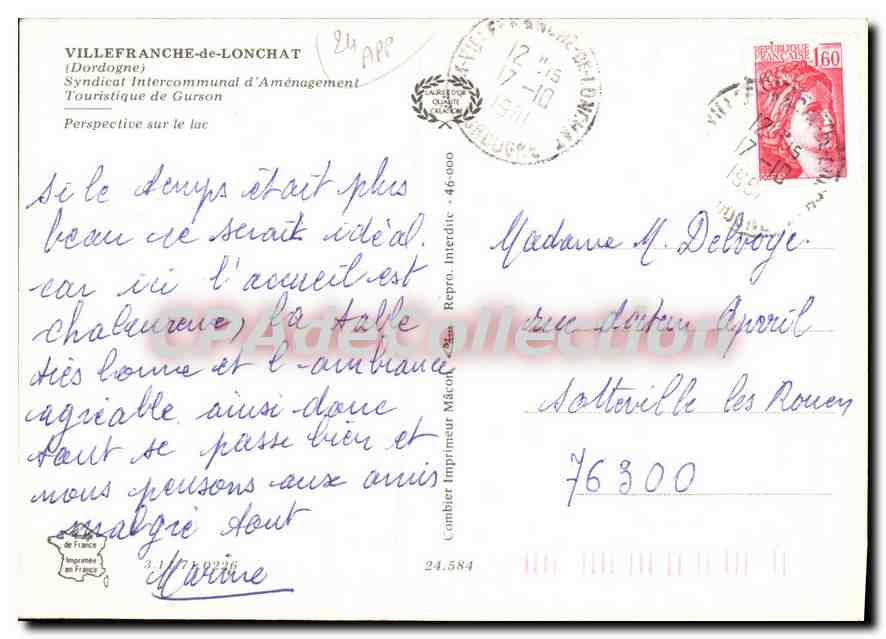 CPSM Villefranche De Lonchat Syndicat Intercommunai — Verso