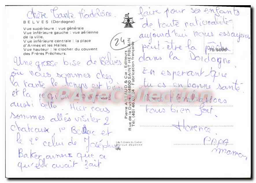 Belvès — Luftbild, Place des Halles, Kirchturm des Konvents — Verlag Pierre AUD & Cie, Nr. 24 — Rückseite