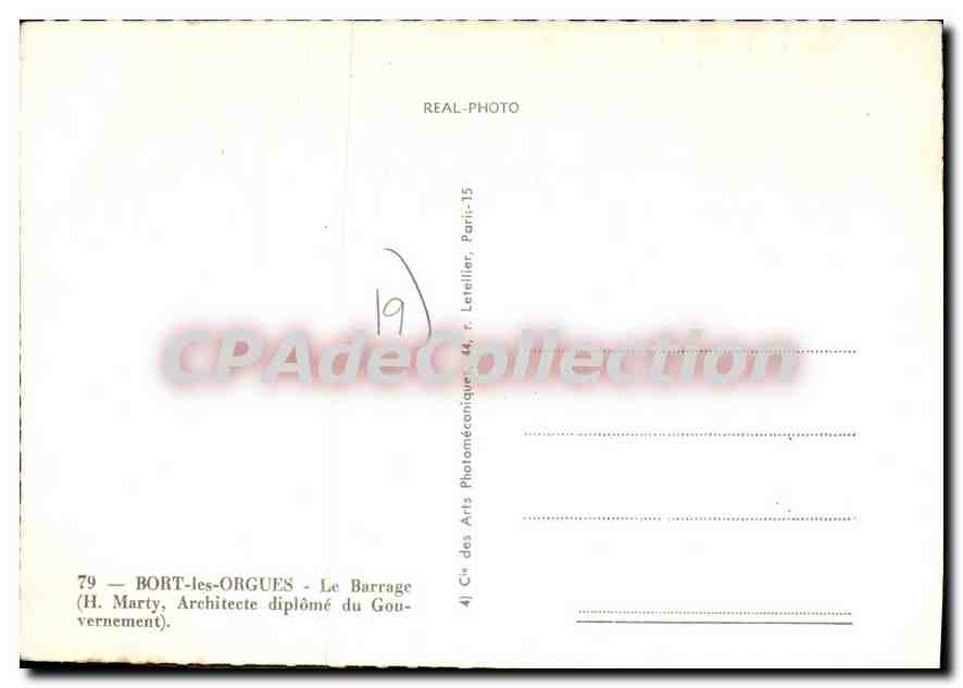 BORT-LES-ORGUES — Le Barrage — H. Marty, Architecte diplômé du Gouvernement — Verso