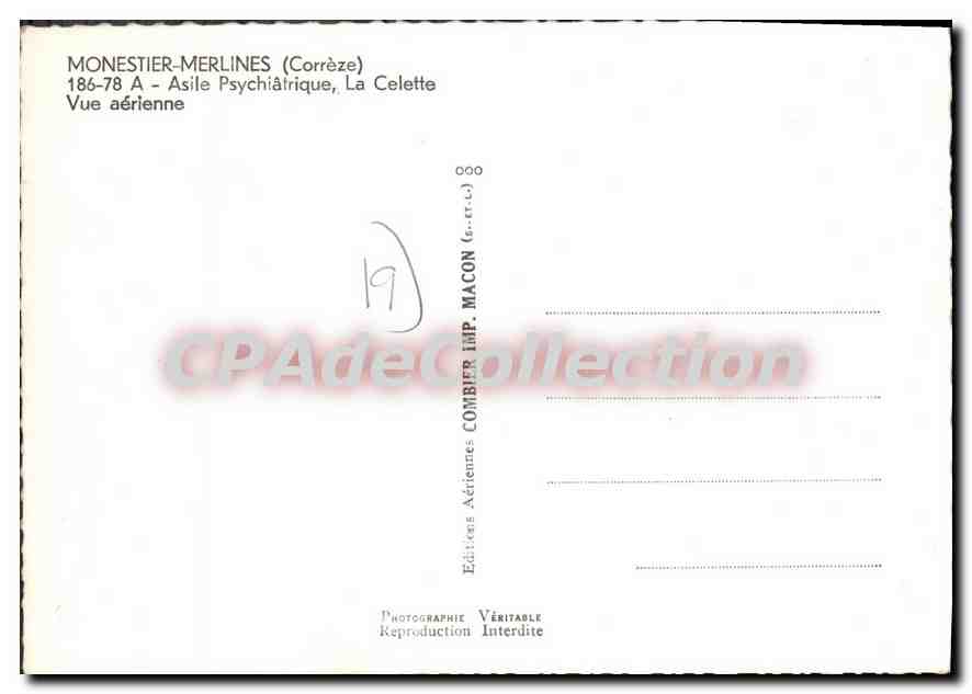 Monestier-Merlines (Corrèze) — Asile Psychiatrique, La Celette — Éditions Combier, Imp. Macon — Verso