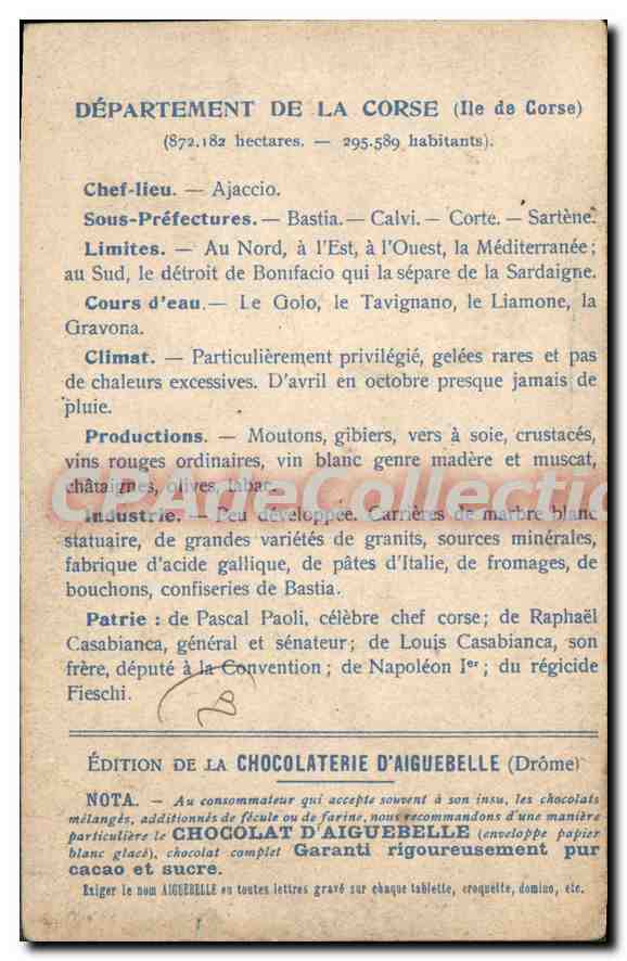 Corse — Carte des Départements — Édition de la Chocolaterie d'Aiguebelle — Rückseite