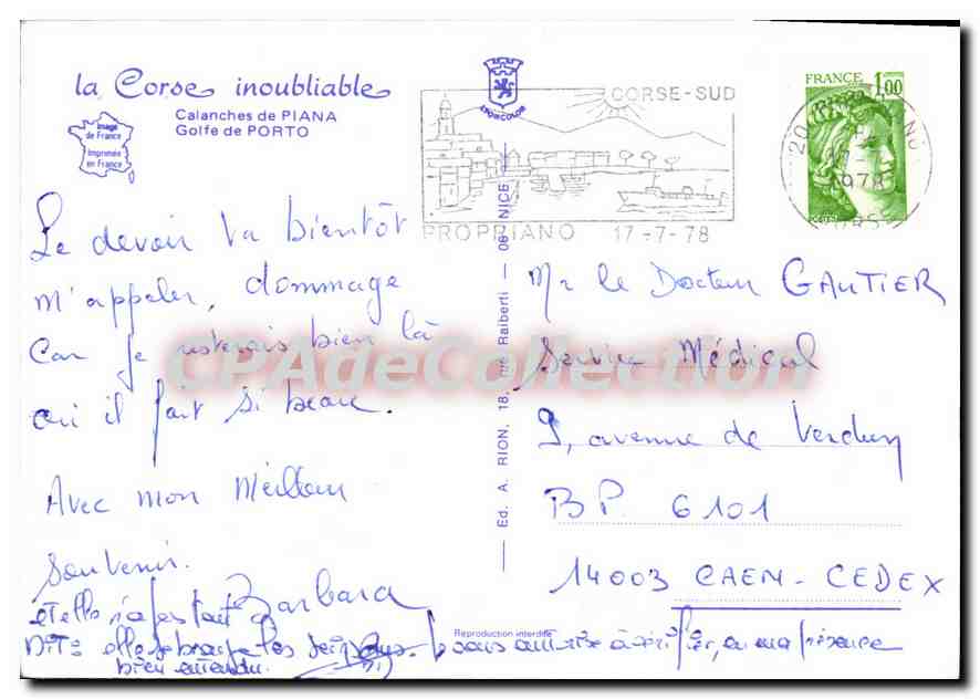 Calanches de Piana — Golfe de Porto — Éd. A. Rion, 18 — Corse-Sud — Verso