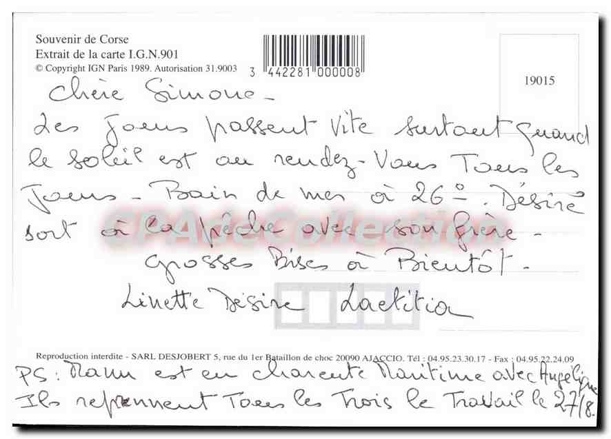 Karte von Korsika — Erinnerung an Korsika, Ausschnitt aus der Karte I.G.N. 901, Ausgabe 1989 — Rückseite