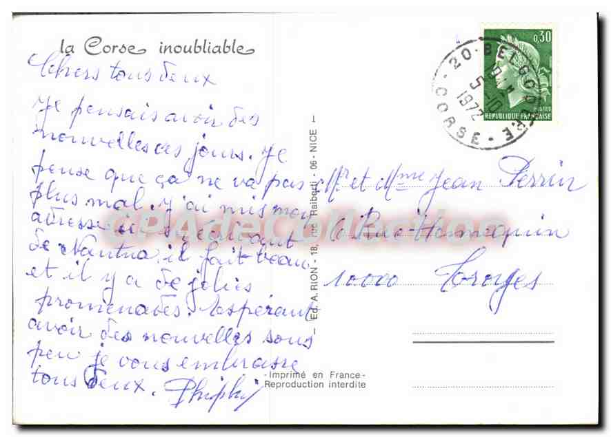 Vue de la Corse — Imprimé en France — Éditeur : Éd. A. Rion - 06-Nice — Verso