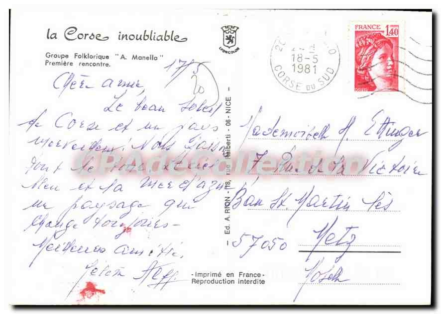 Fontaine de la Corse — Groupe Folklorique 'A. Manella' — Éd. A. RON - 57450 — Verso