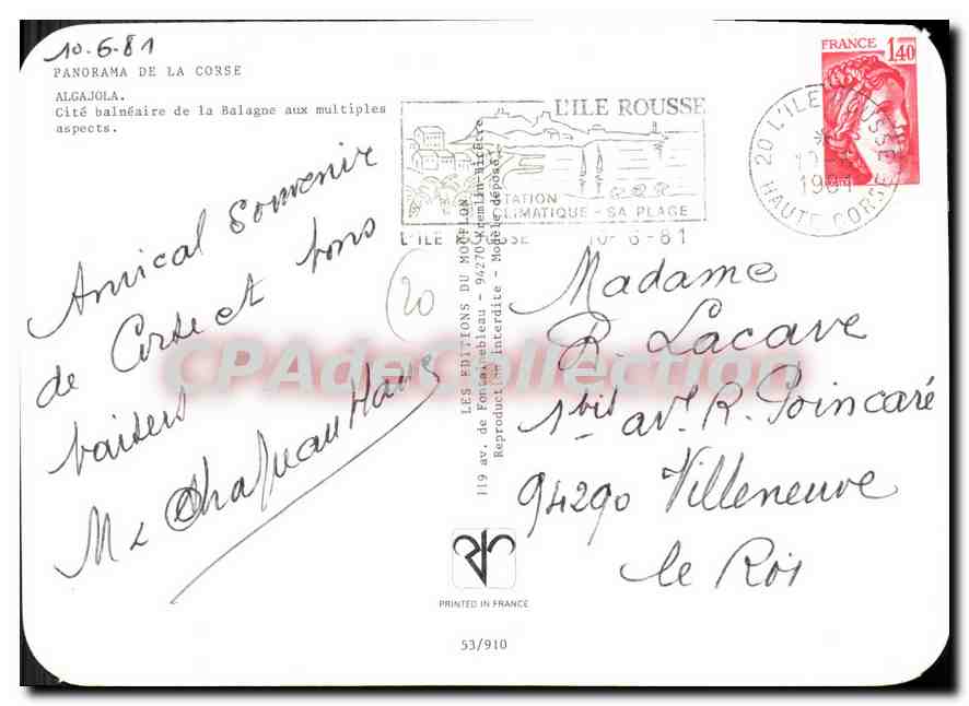 CPSM La Corse Algajola Cite Baineaire De La Balange Aux — Verso