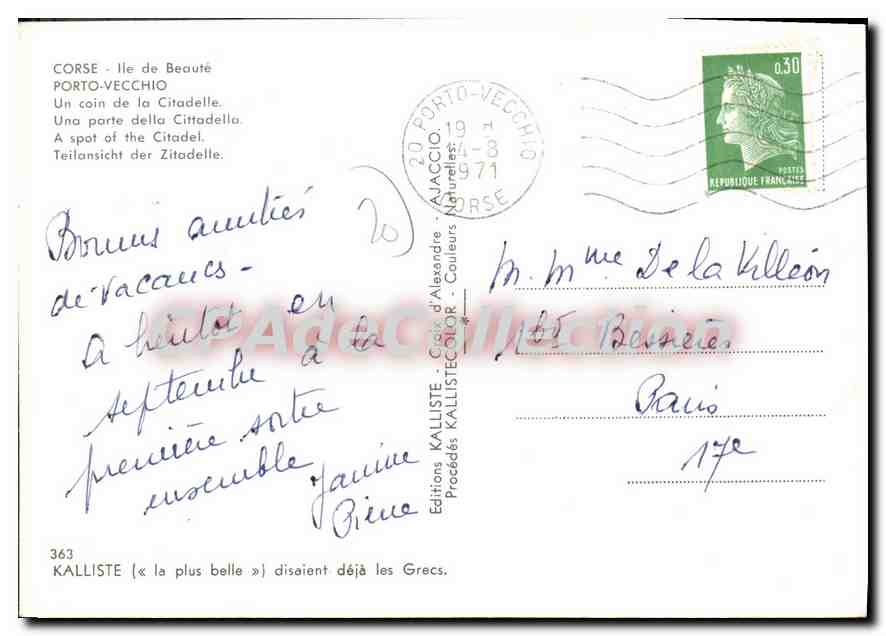 Porto-Vecchio — Coin de la Citadelle — Éditions Kalliste, n°363 — Verso