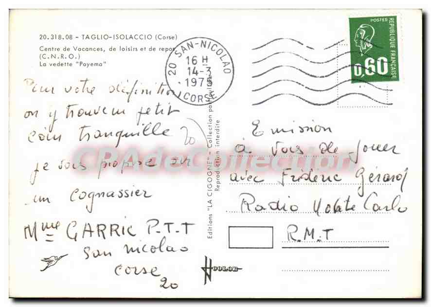 CPSM La Corse Taglio Isolaccio Centre De Vacances De Loisirs Et De Repor — Verso