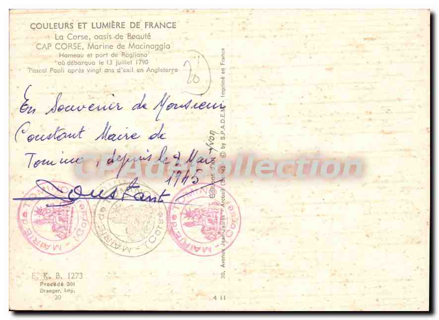 Cap Corse, marine de Macinaggio — éditeur J. Vion, n° 1273 — Reverso