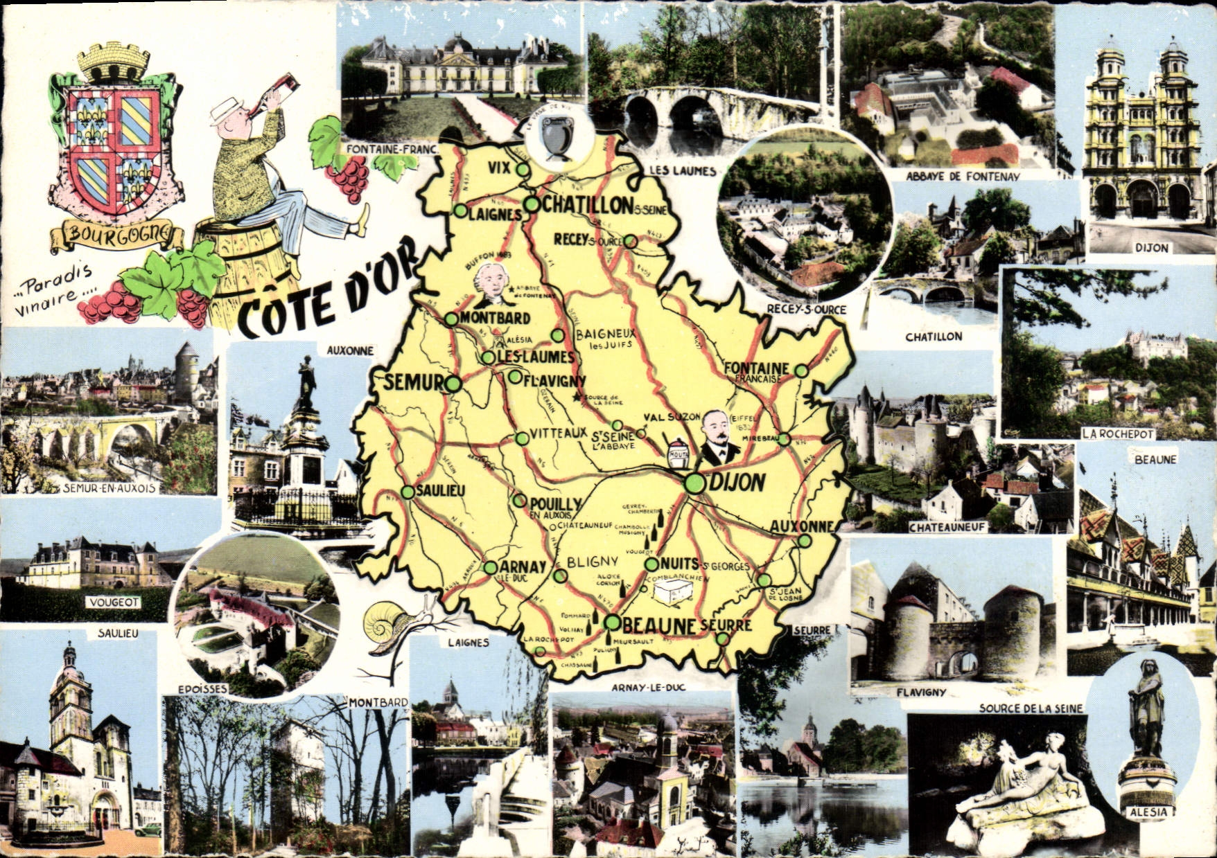 Côte d'Or — Touristische Ansichtskarte mit Karte und Vignetten — Verlag Combier