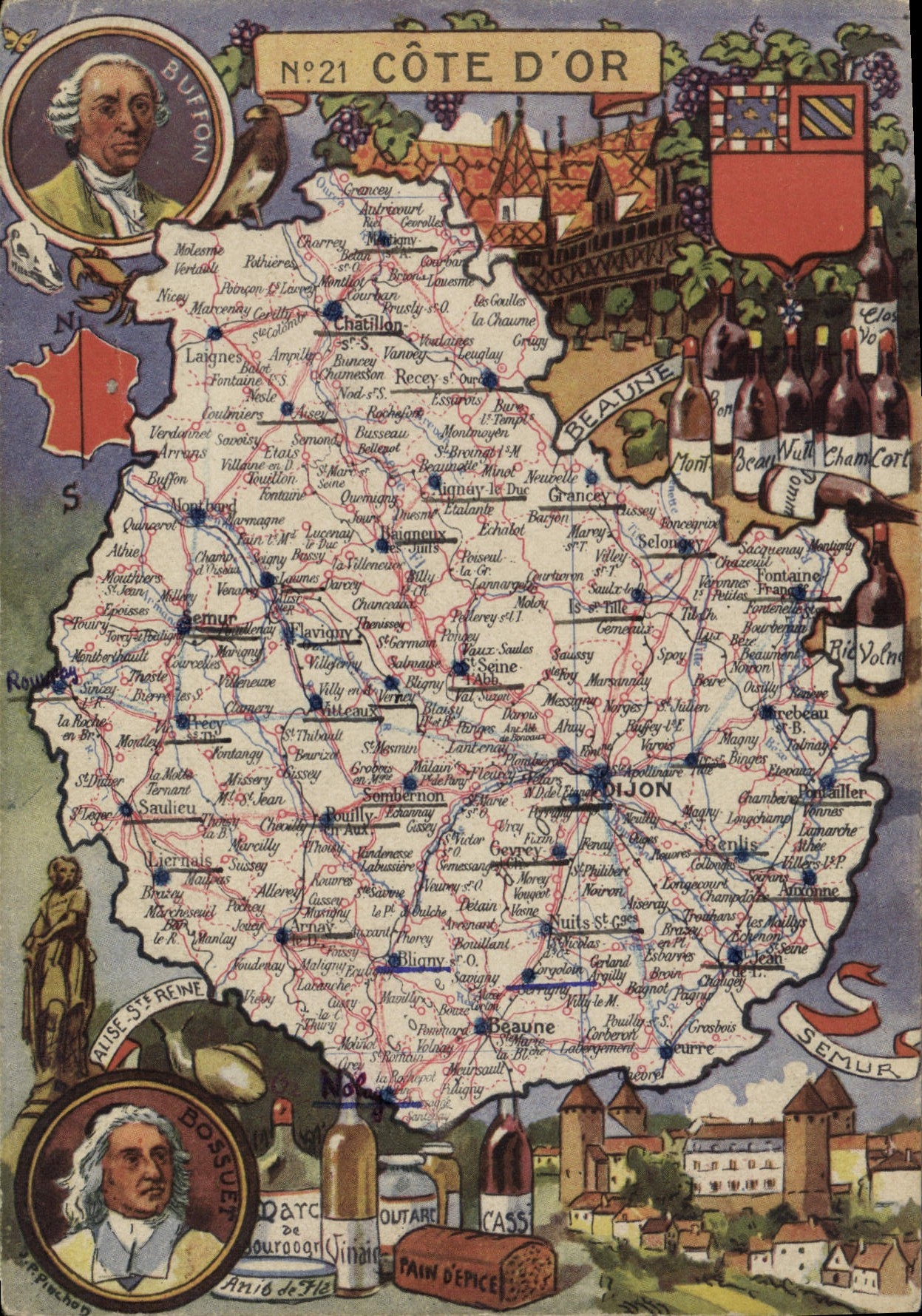 Côte-d'Or — carte géographique illustrée — éditeur Blondell La Rougery, n°21