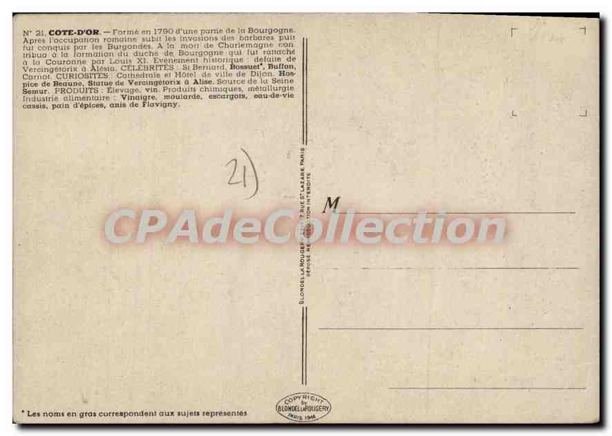 Côte-d'Or — carte géographique illustrée — éditeur Blondell La Rougery, n°21 — Verso