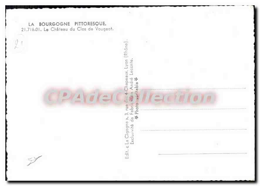 Le Château du Clos de Vougeot — Bourgogne — Éditeur La Cigogne, n° 21.716.01 — Verso