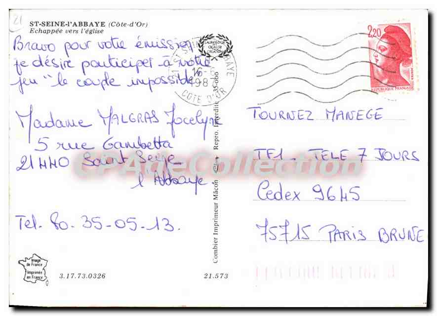 Sainte-Abbaye (Côte-d'Or) — Kirche und Straße — Verlag Combier — Rückseite