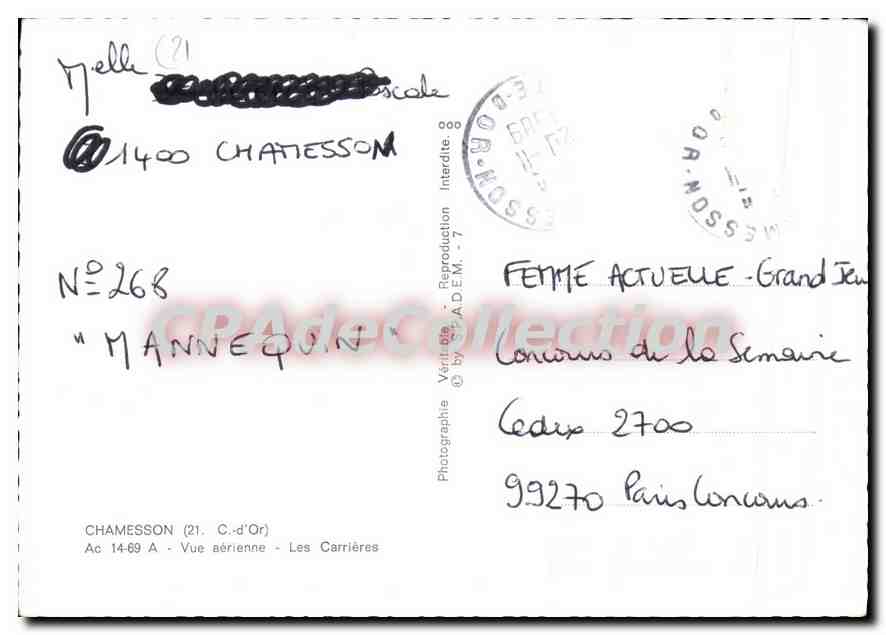 Chamesson (21) - Luftbild - Die Steinbrüche — Vintage Postcard/Antike Ansichtskarte N°268 — Rückseite