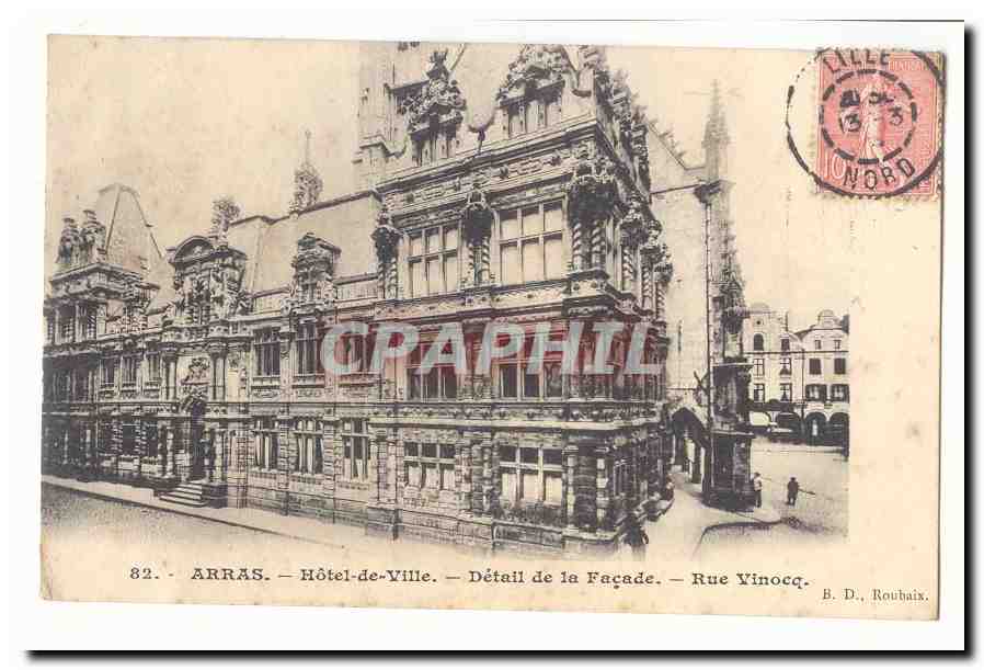 Arras CPA Hotel de ville Detail de la facade Rue Vinocq