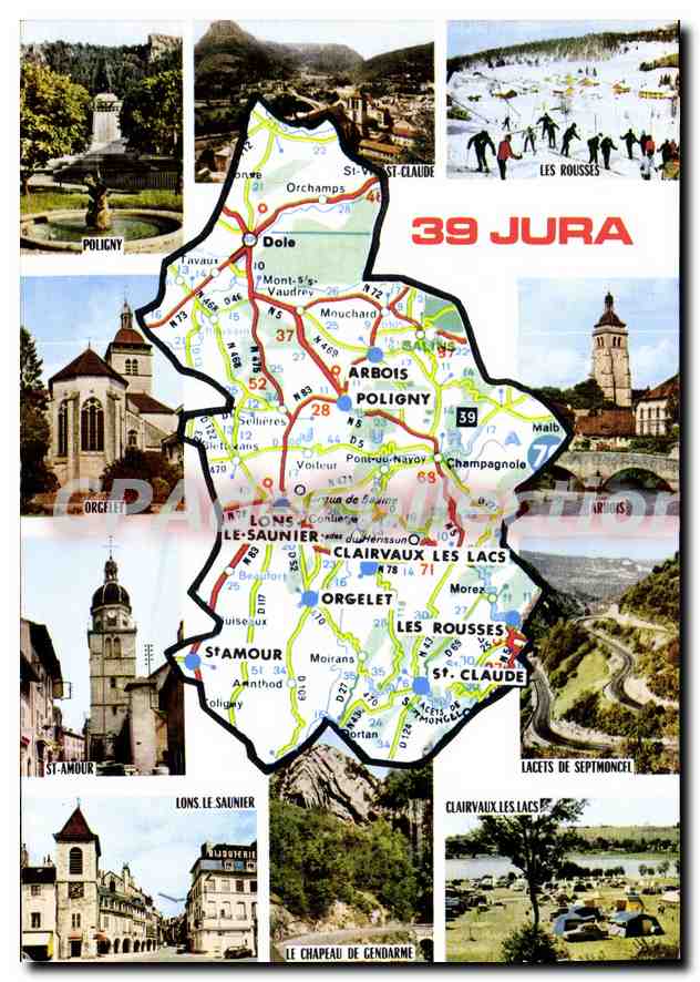 Jura — 39 — Carte touristique avec vue de sites et carte routière — Éditeur : Couleurs Naturelles