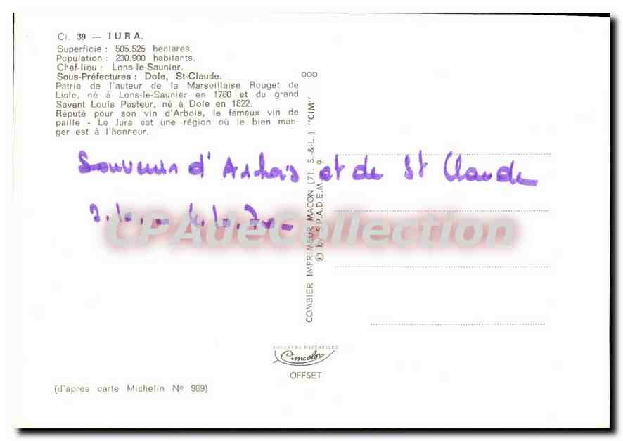 Jura — Carte touristique avec photos de lieux — Éditeur Combiner Imprimeur Macon, n° 989 — Verso