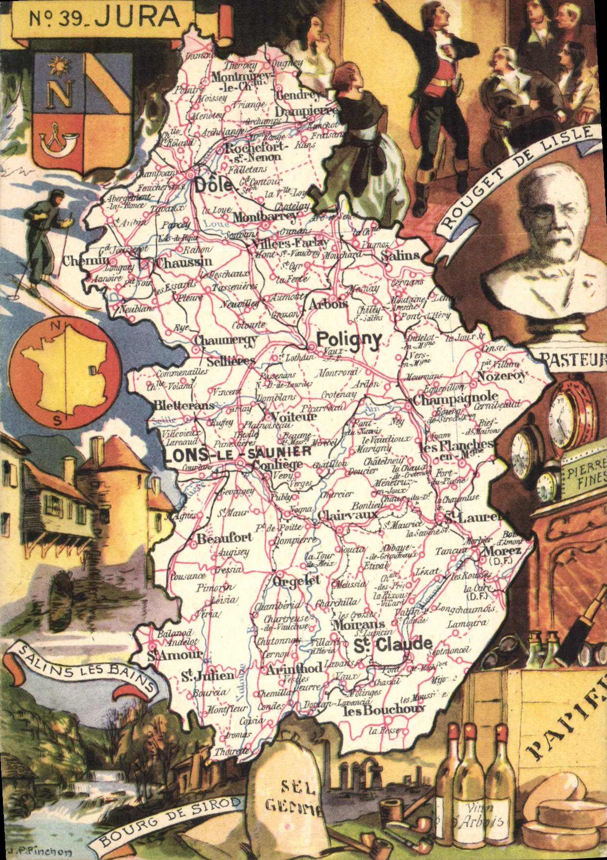 Jura — Carte illustrée des communes et curiosités — éditeur Blondel Larouge, n°39