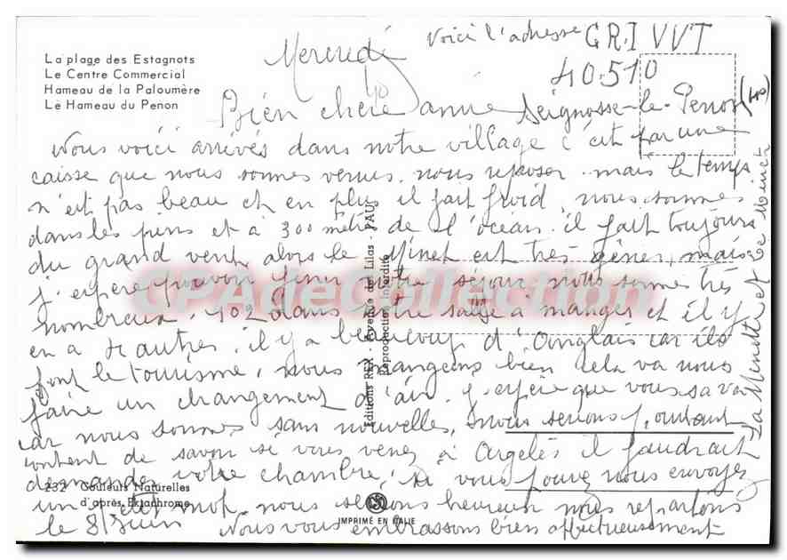 CPSM Seignosse Place La plage des Estagnots Le Centre Commercial Hameau de la Paloumere Le Hameau du — Verso