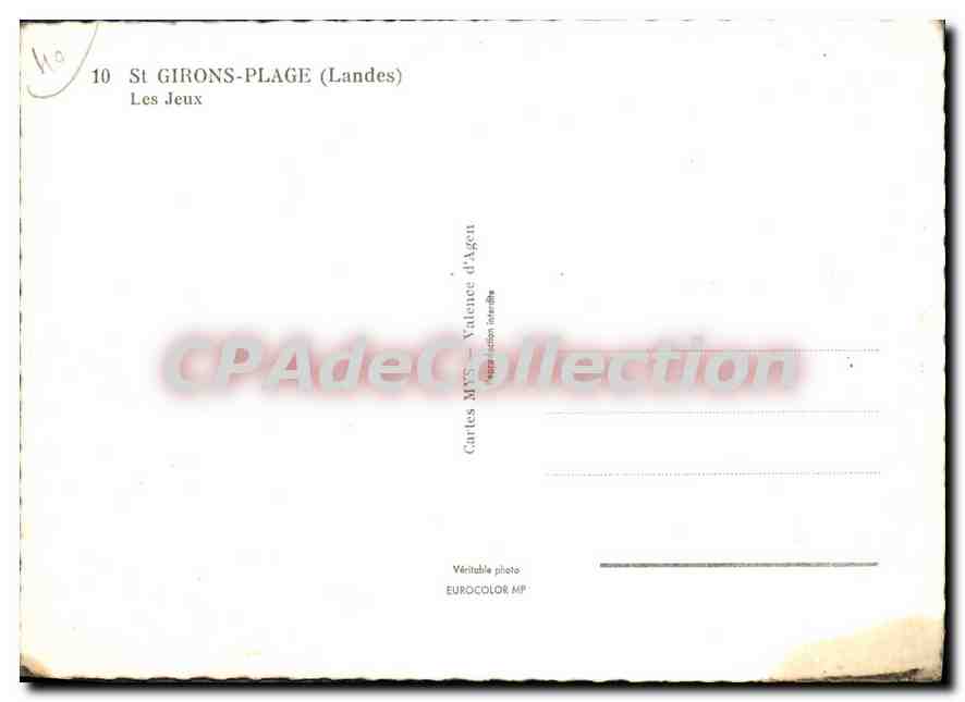 St GIRONs-PLAGE (Landes) — Les Jeux — Cartes MYS - Valence d'Agon — Rückseite