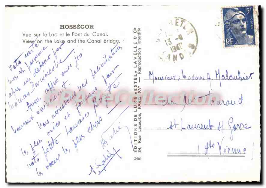CPSM Hossegor Vue sur le Lac et le Pont du Canal  — Verso