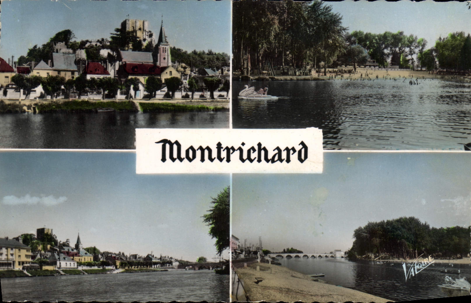 Montrichard — vue générale, église, donjon, plage, pont — éditeur Valoûre, n° 4.518