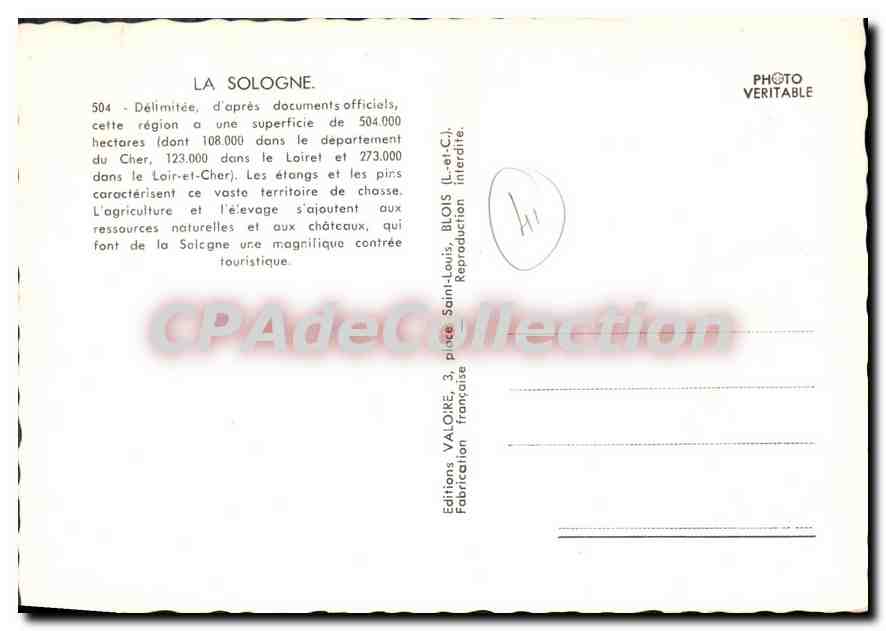 La Sologne — Carte postale touristique avec carte et photos — Éditions Valoïe, Blois — Verso