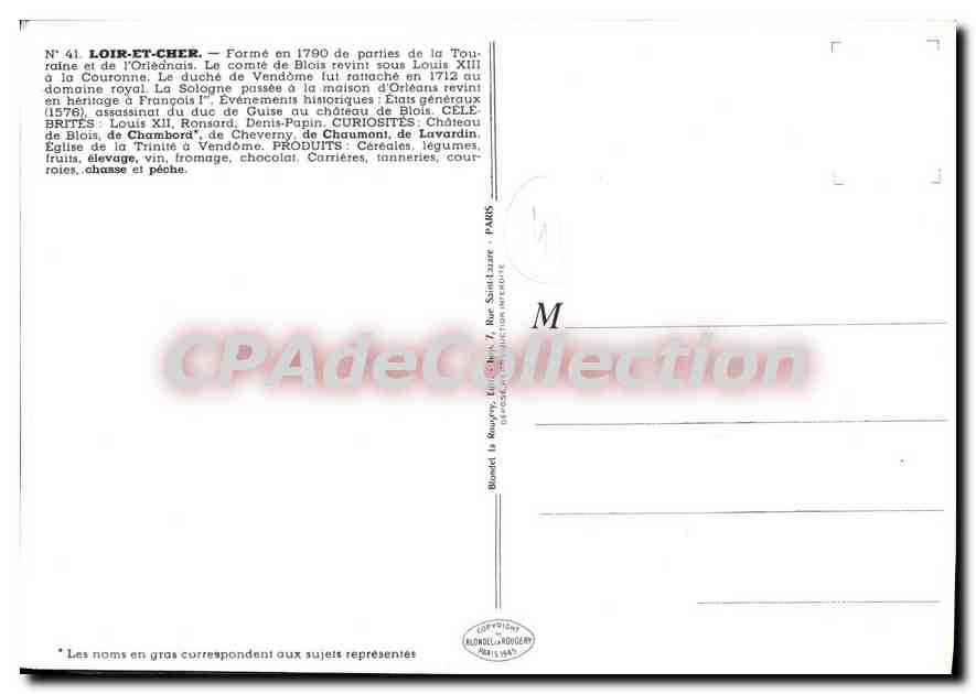 Loir-et-Cher — carte historique — Éditeur J. Pinchon, n°41 — Verso