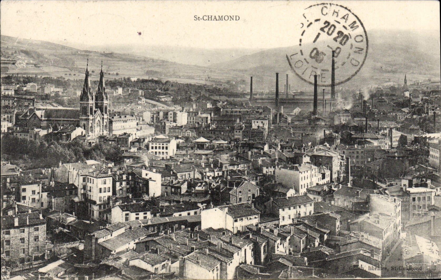 St-Chamond — vue aérienne de la ville avec église et usines — J. Smith libraire, St-Chamond