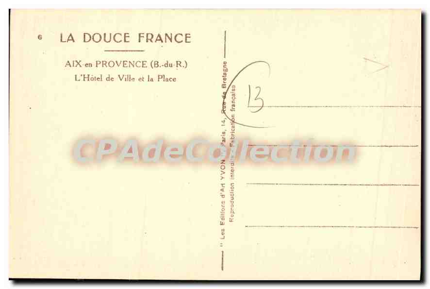 Aix-en-Provence — L'Hôtel de Ville et la Place — Éditions d'Art Yvon, Paris — Rückseite