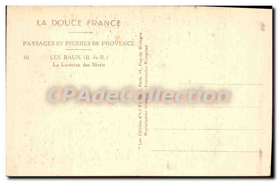 Les Baux (B. du R.) — La Lanterne des Morts — Ediciones de Arte Yvon, París — Reverso
