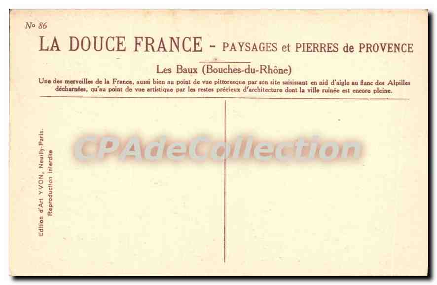 Les Baux (Bouches-du-Rhône) — Paisajes y Piedras de Provenza — Edición de Arte YVON, Neully-Paris, n°86 — Reverso
