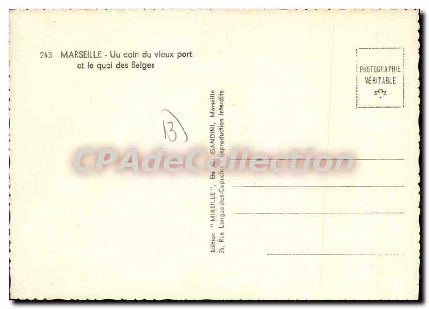 Marseille — Le coin du vieux port et le quai des Belges — Édition Mireille — Verso
