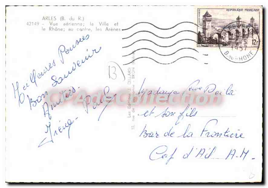 Arles — Vue aérienne; la ville et le Rhône, au centre, les Arènes — Les Éditions J. DELLARD - BRON — Verso