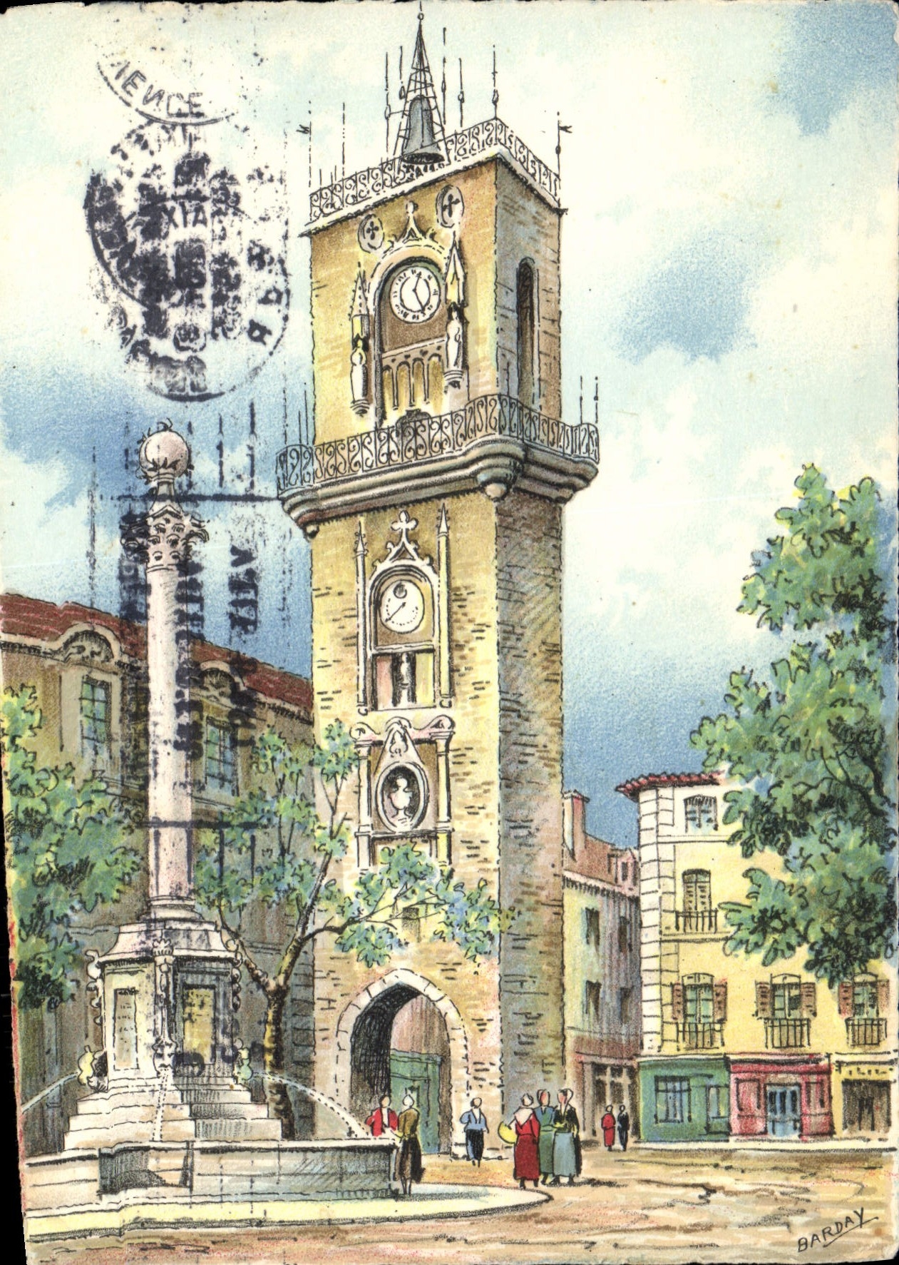 La place du Baffroi à Aix-en-Provence — tour de l'horloge et fontaine — dessin de Barday